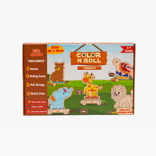 MR COCO Color N Roll Animals Set for Kids – DIY Wooden Colouring Toy with 5 Wild Animal Outlines, 12 Non-Toxic Sketch Pens, 2 Rolling Bases & Pull Strings | Color, Slot & Roll | Ages 3–7 Years