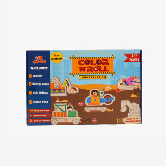MR COCO Color N Roll Construction Set for Kids – DIY Wooden Colouring Toy with 5 Construction Vehicle Outlines, 12 Non-Toxic Sketch Pens, 2 Rolling Bases & Pull Strings | Color, Slot & Roll | Ages 3–7 Years